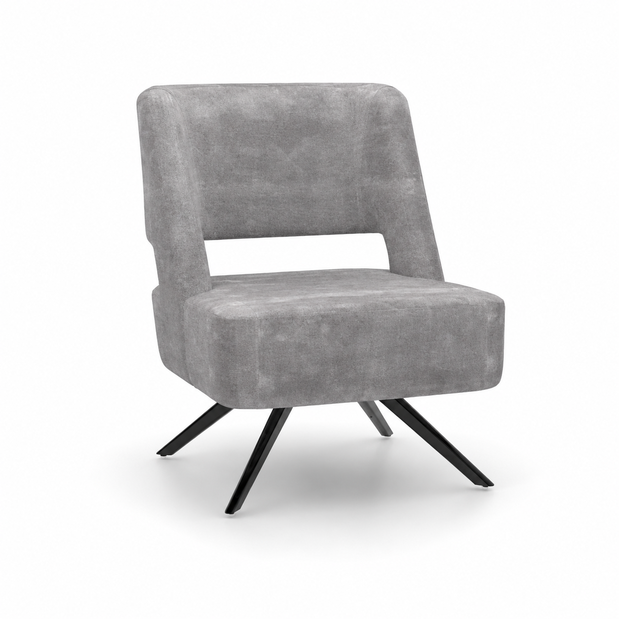Gray Upholstered Armchair – Open Back & Black Splayed Legs 3D Model 1