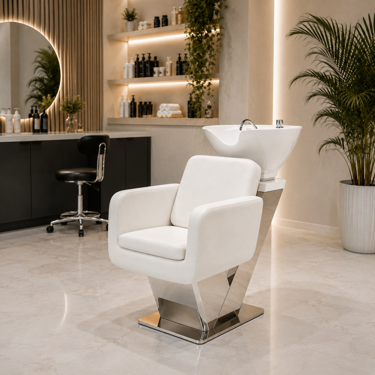 White Salon Shampoo Chair – Ceramic Basin 3D Model 4