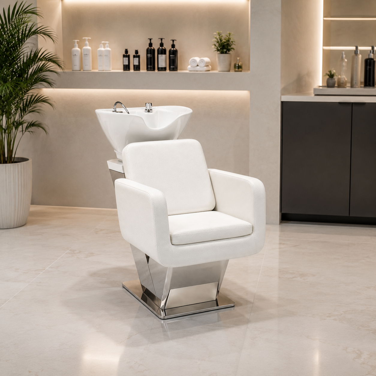 White Salon Shampoo Chair – Ceramic Basin 3D Model 2