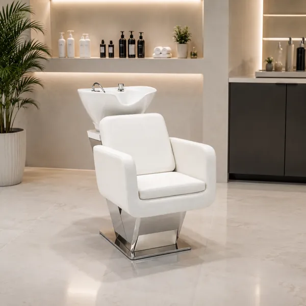 White Salon Shampoo Chair – Ceramic Basin 3D Model back
