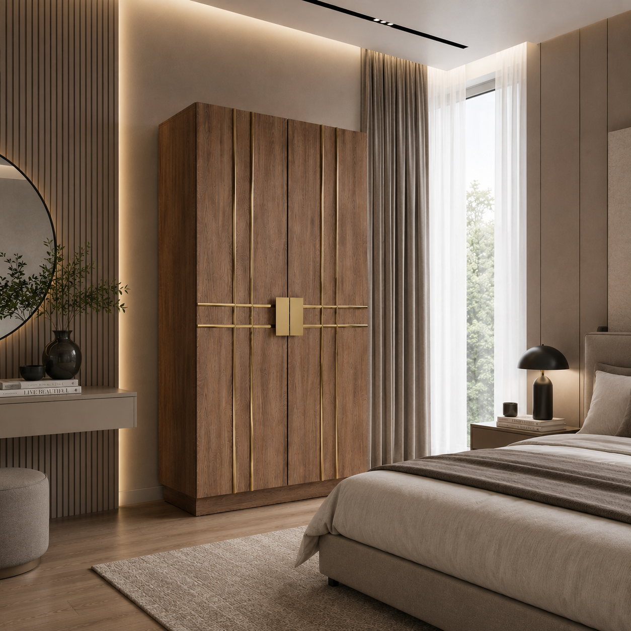 Wood Grain Cabinet with Gold Linear Inlays 3D Model 4