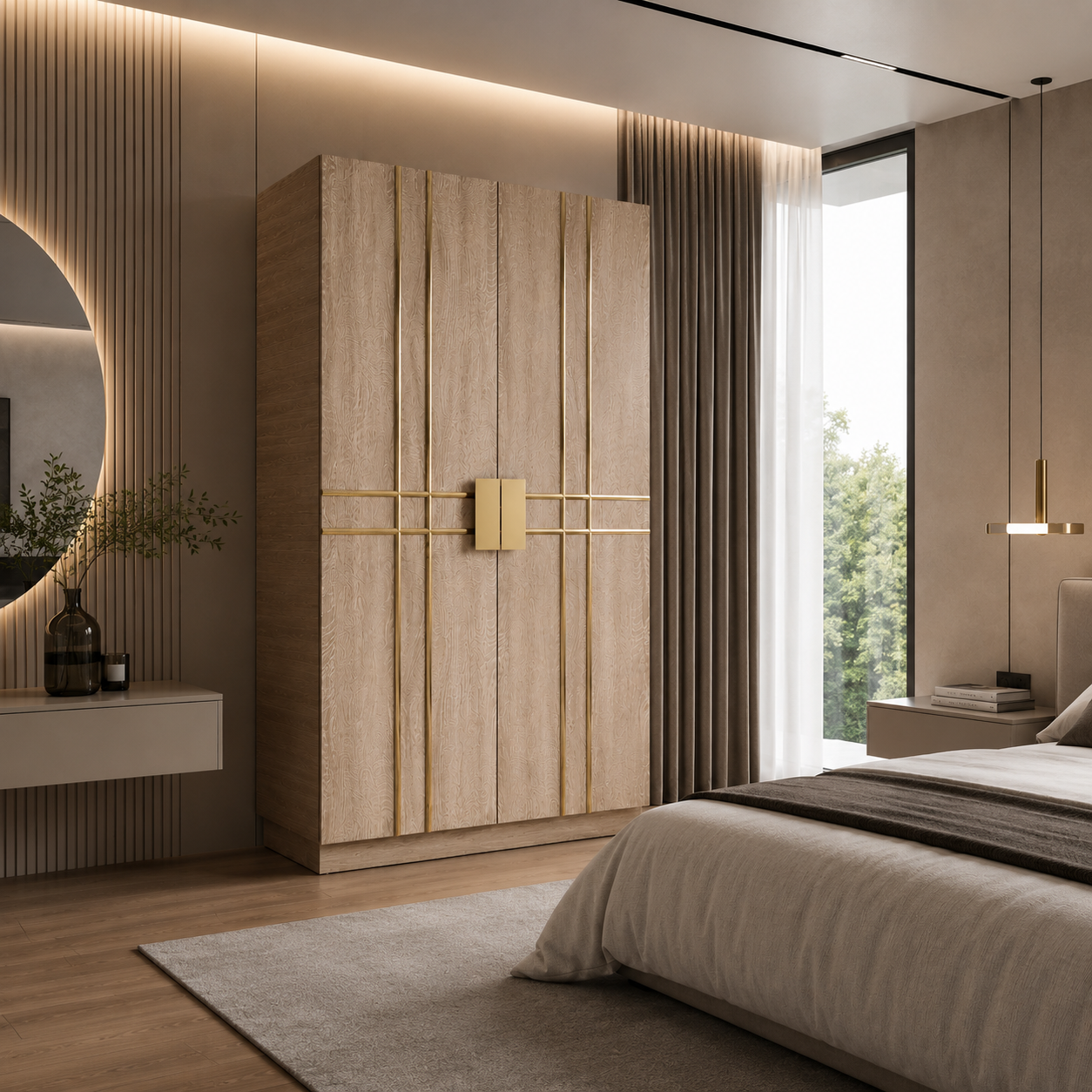 Wood Grain Cabinet with Gold Linear Inlays 3D Model 2