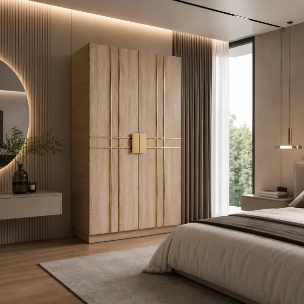 Wood Grain Cabinet with Gold Linear Inlays 3D Model back