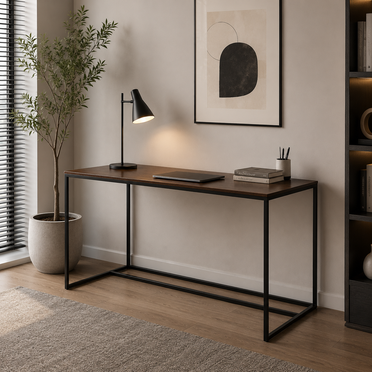 Dark Brown Wood Black Frame Console Table 3D Model 4
