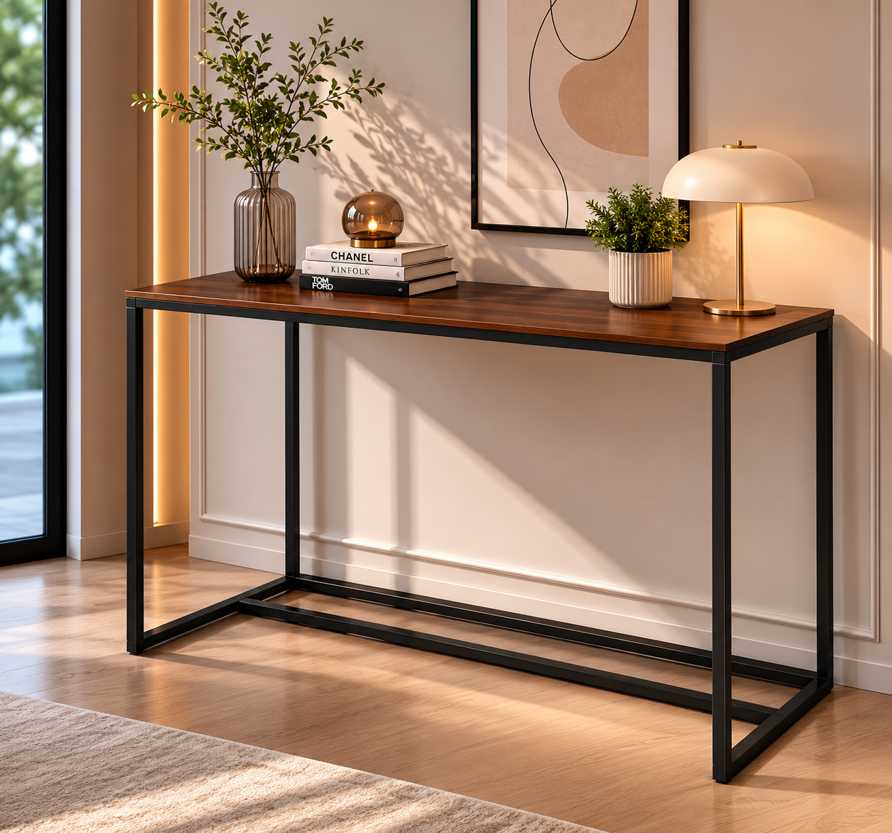 Dark Brown Wood Black Frame Console Table 3D Model 2