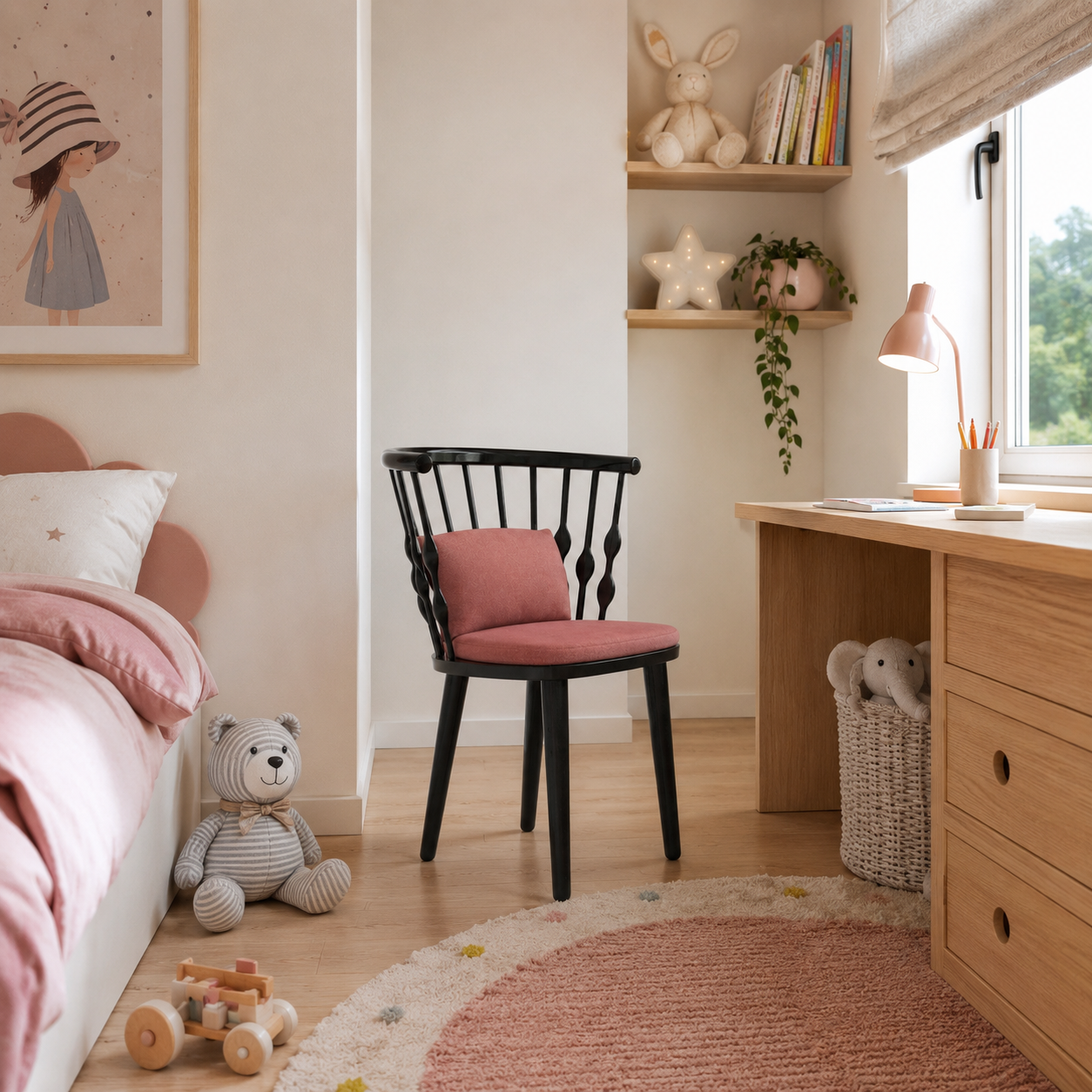 Black Spindle Kids Chair – Dusty Red Cushions 3D Model 3