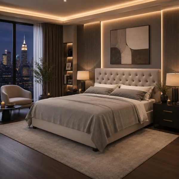 Light Beige Button Tufted Upholstered Bed 3D Model back