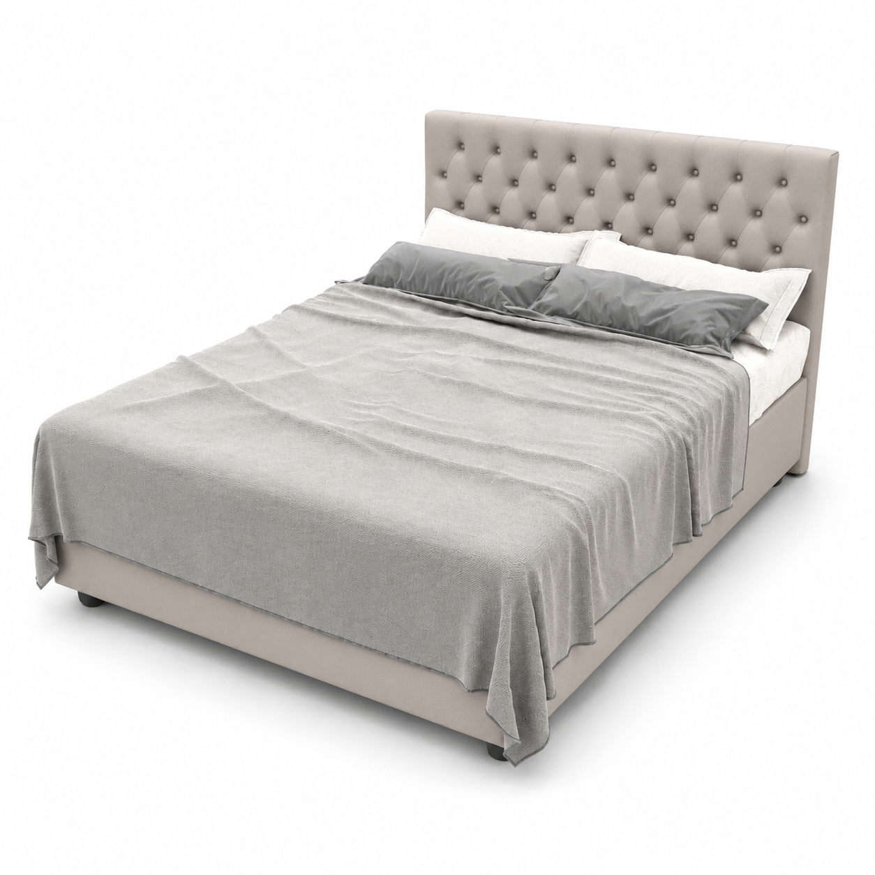 Light Beige Button Tufted Upholstered Bed 3D Model 3