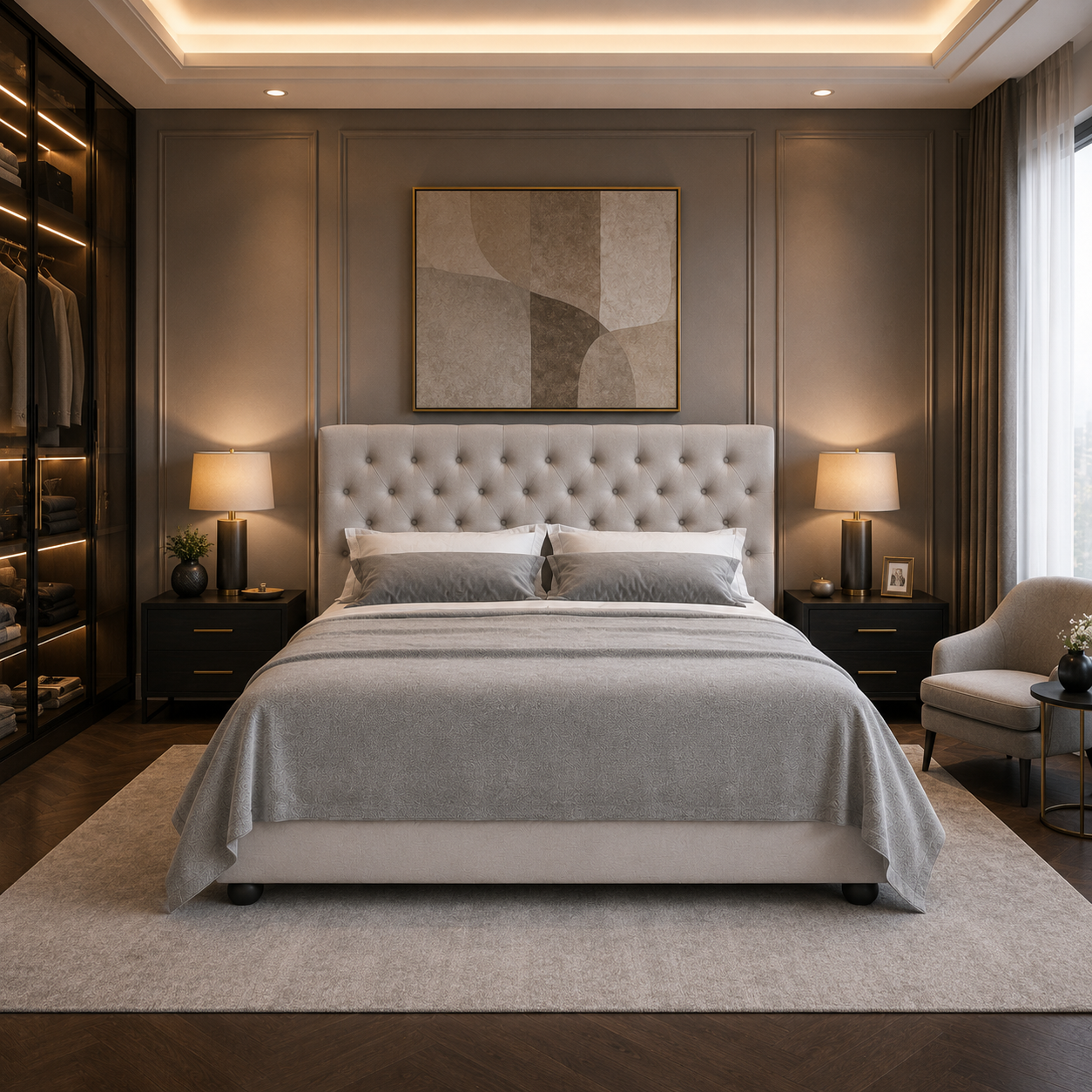 Light Beige Button Tufted Upholstered Bed 3D Model 4