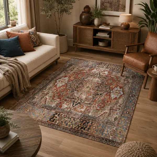 Vintage Medallion Rug – Rust Blue Distressed Borders back