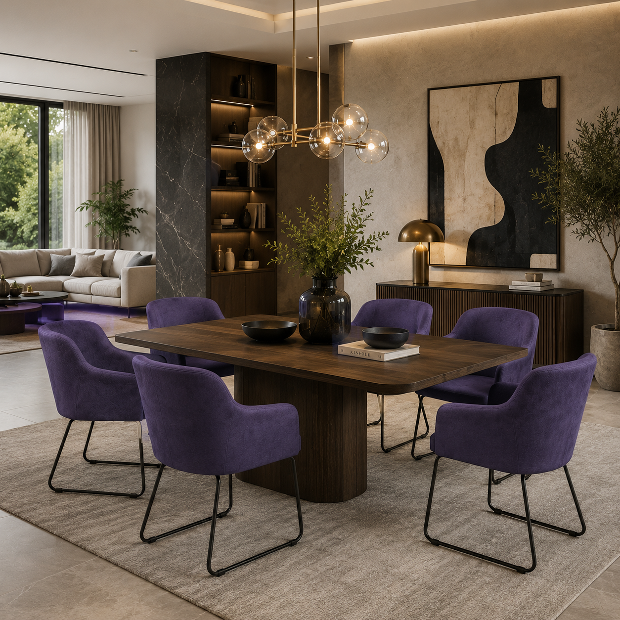 Purple Fabric Armchair with Black Sled Base 3D Model 4