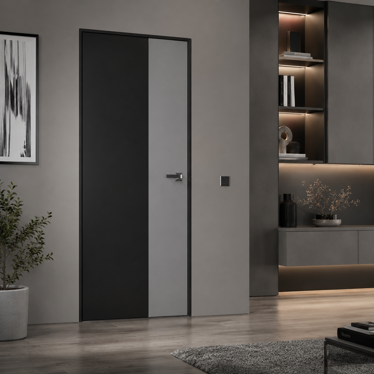 Modern Flush Door Set – Black & Gray Split Panels 3D Model 3