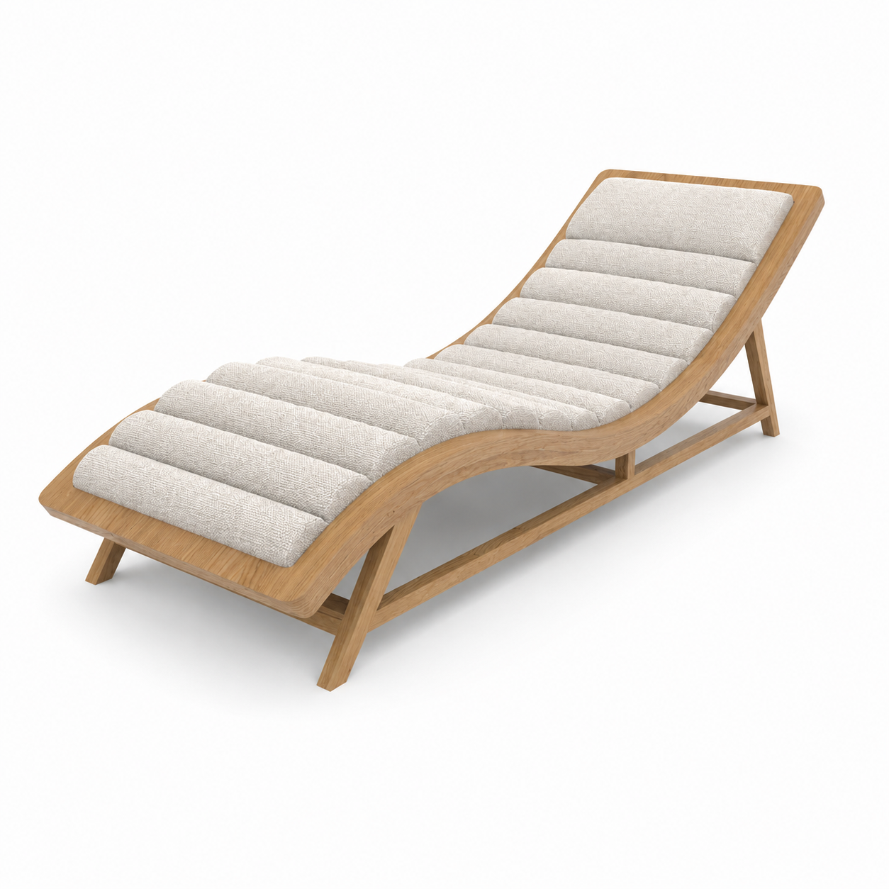 Curved Wood Chaise Lounge – Beige Channel Cushion 3D Model 3