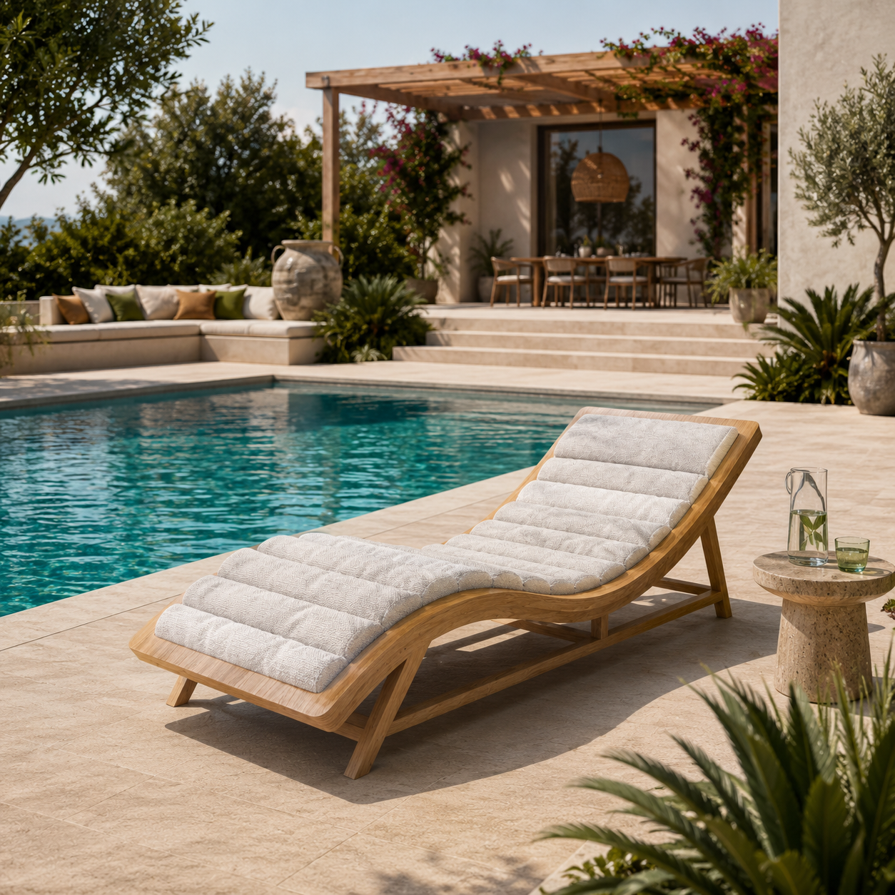 Curved Wood Chaise Lounge – Beige Channel Cushion 3D Model 4