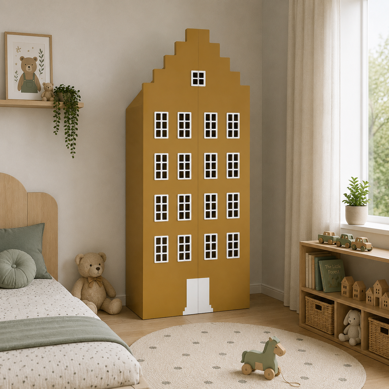 Mustard Yellow Stepped-Gable House Wardrobe – White Grid Windows 3D Model 2