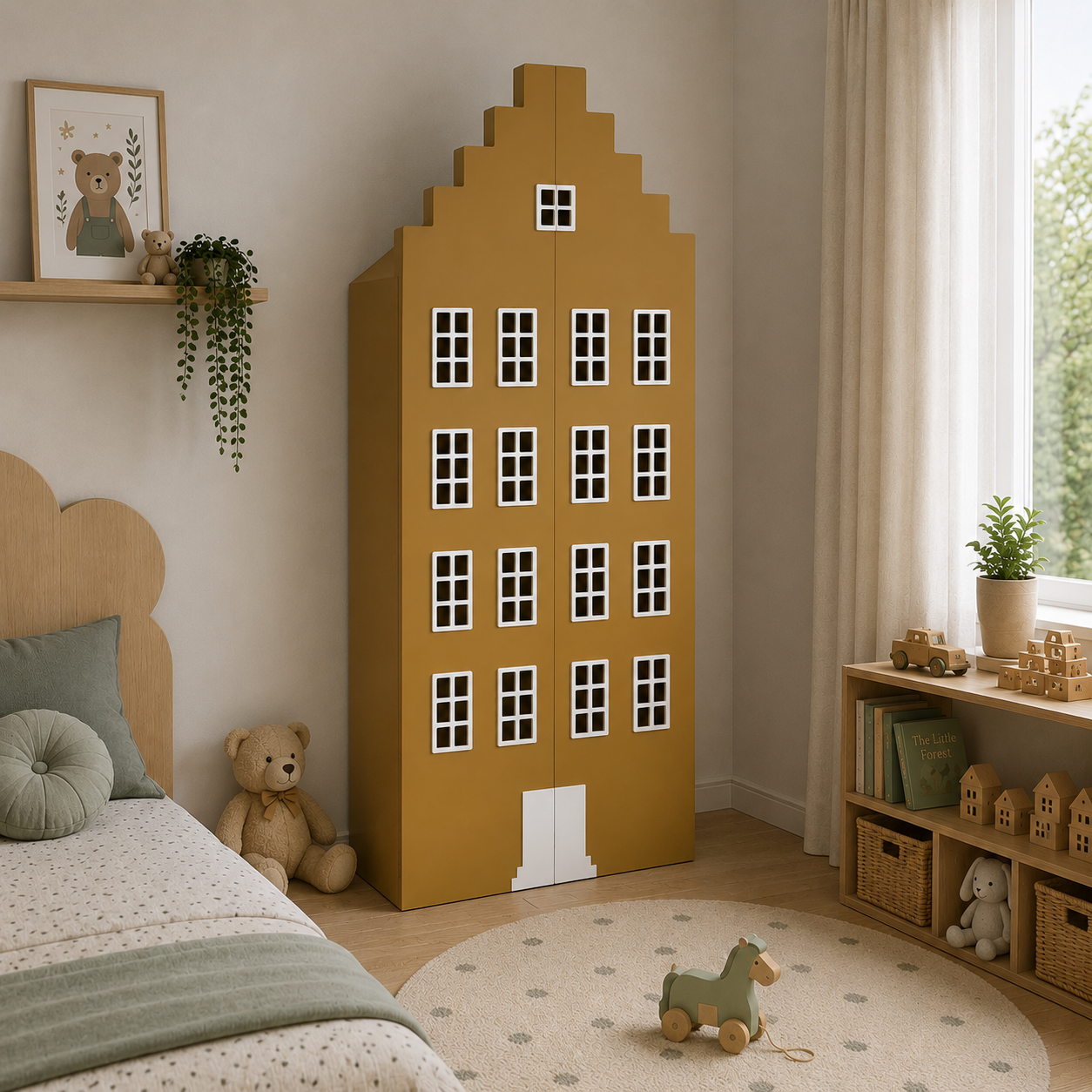 Mustard Yellow Stepped-Gable House Wardrobe – White Grid Windows 3D Model 3