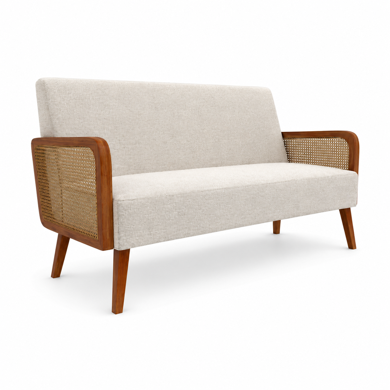 Cream Sofa with Woven Cane Wood Arms 3D Model