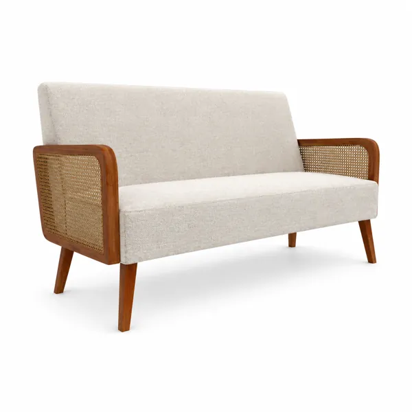 Cream Sofa with Woven Cane Wood Arms 3D Model