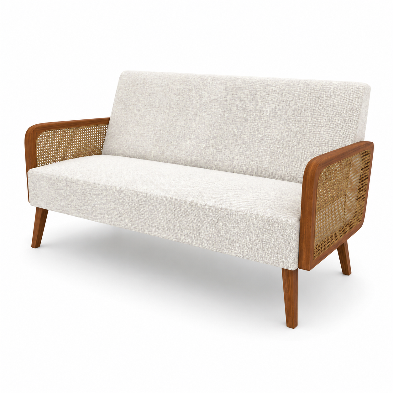 Cream Sofa with Woven Cane Wood Arms 3D Model 3