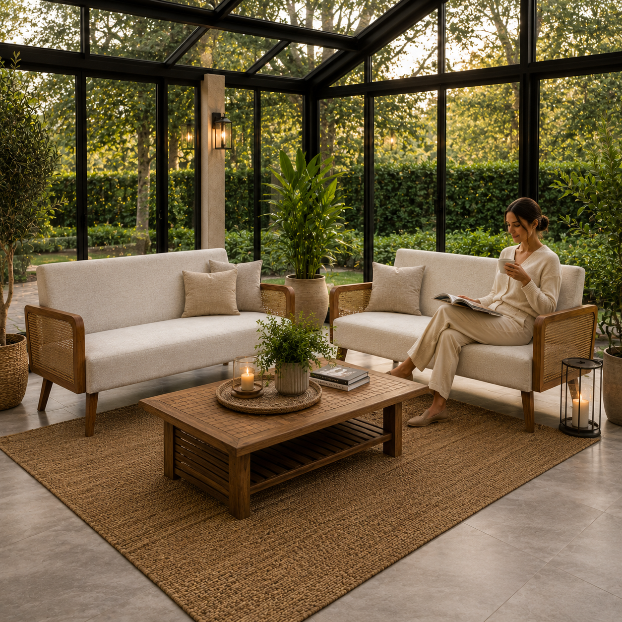 Cream Sofa with Woven Cane Wood Arms 3D Model 4
