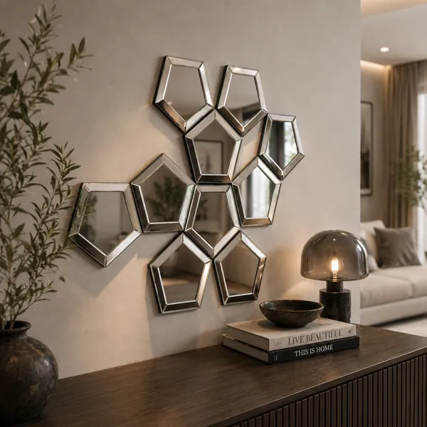 Silver Beveled Pentagon Cluster Wall Mirror back