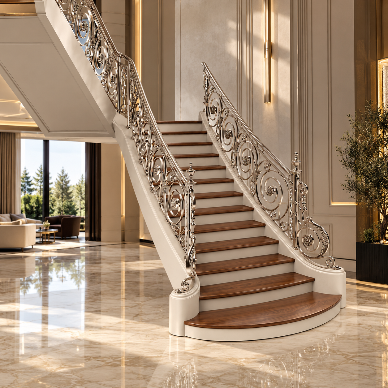 Ornate Cream Marble Split Staircase 3D Model 4