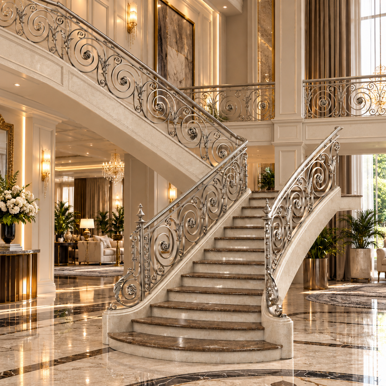 Ornate Cream Marble Split Staircase 3D Model 2