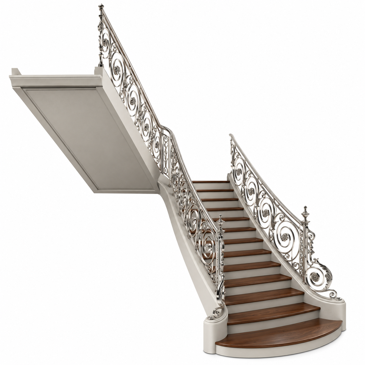 Ornate Cream Marble Split Staircase 3D Model 3
