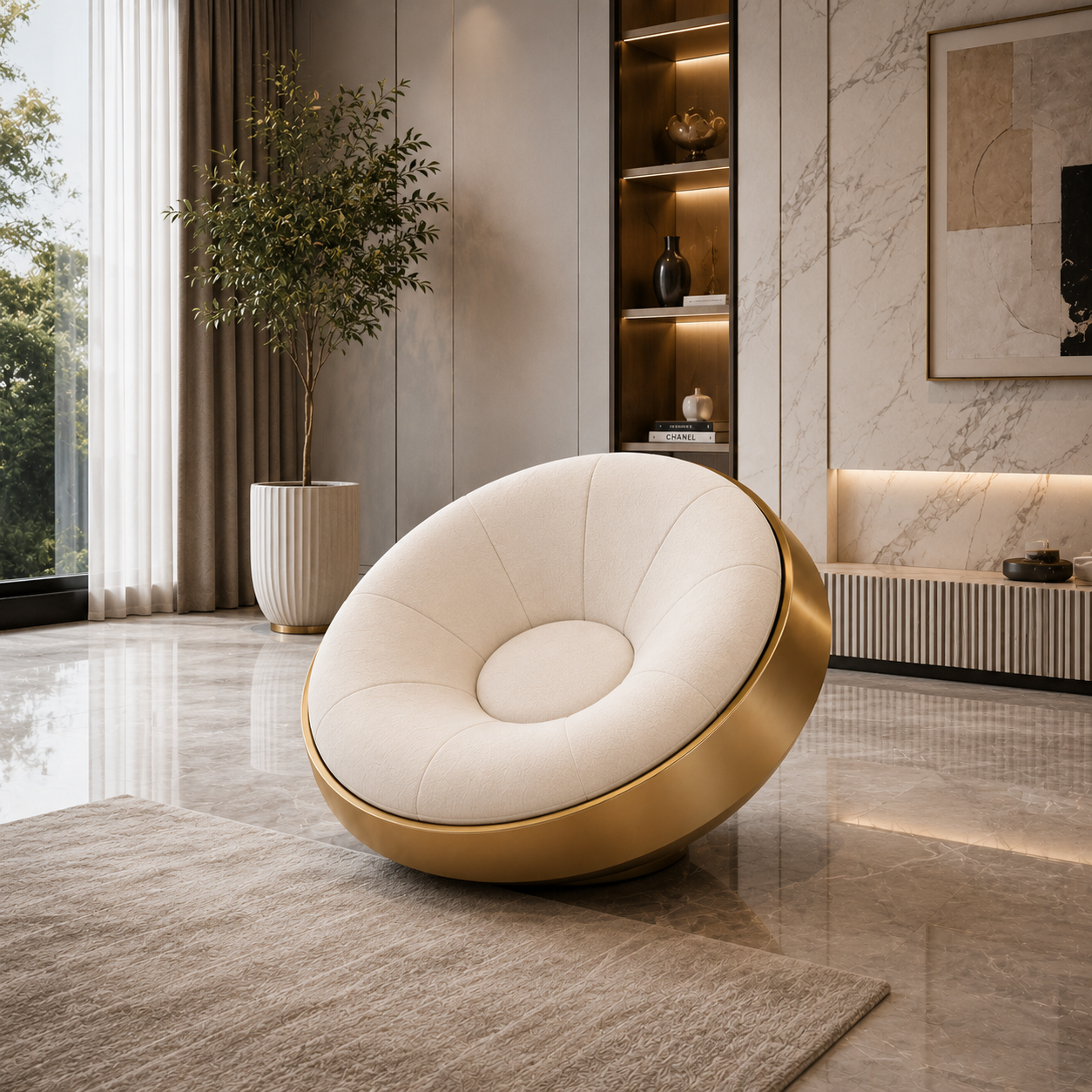 Cream Petal Lounge Chair – Gold Shell 3D Model 4