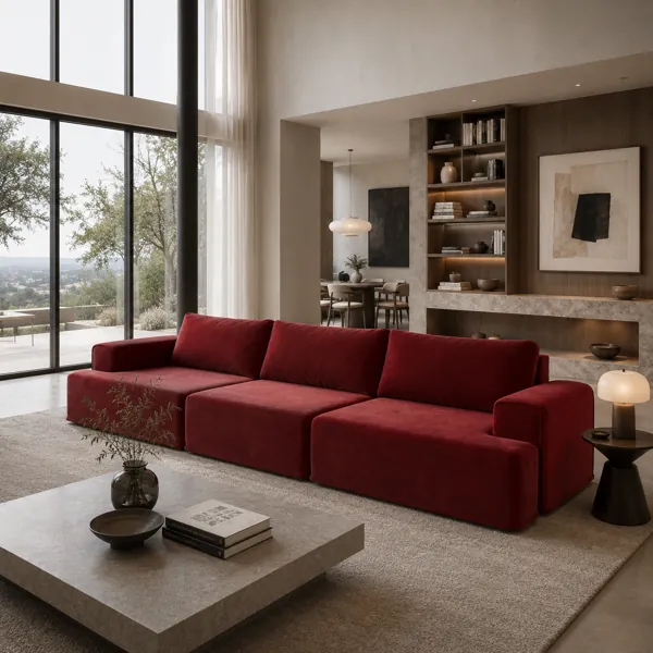 Deep Burgundy Velvet Three-Seat Sofa – Loose Back Cushions 3D Model back