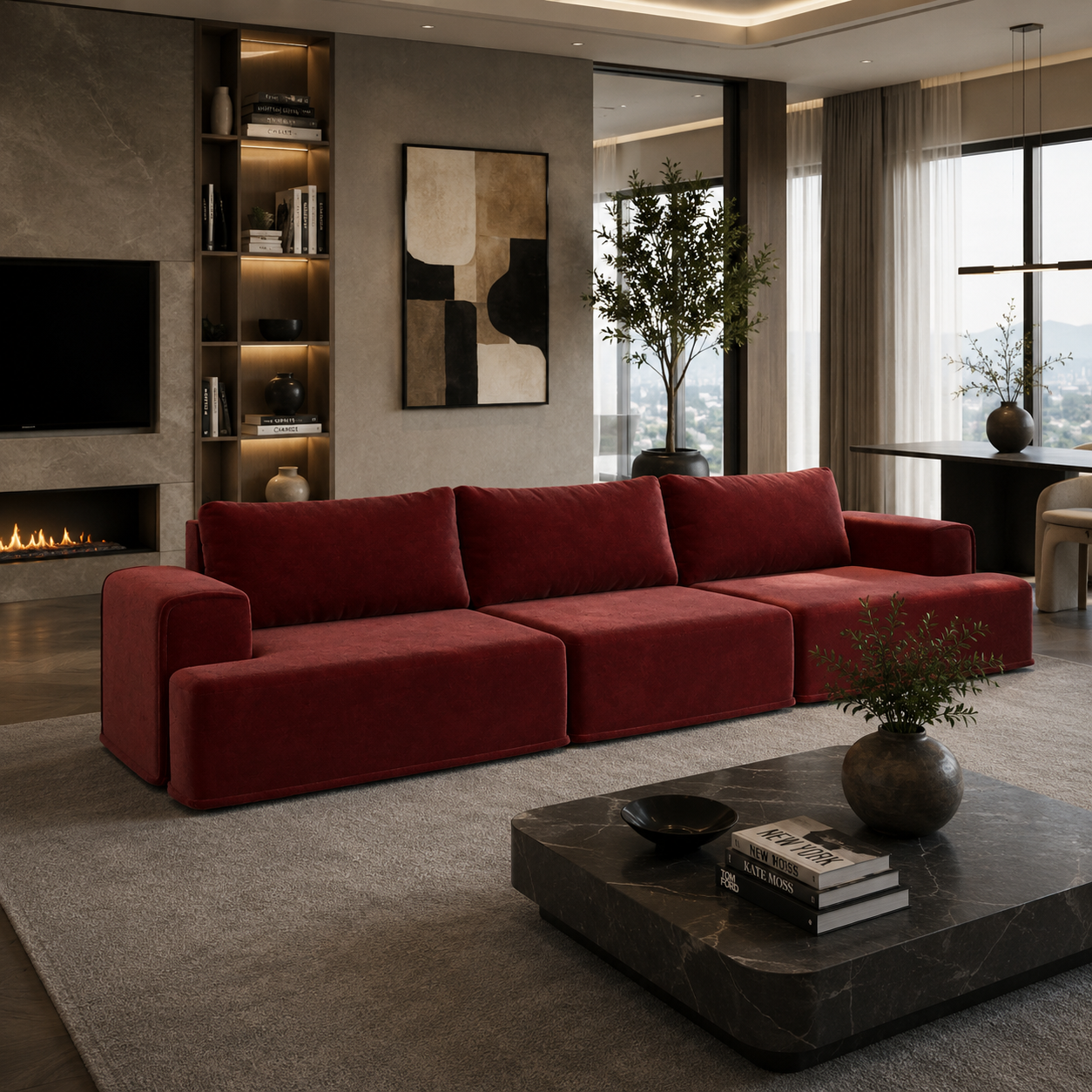 Deep Burgundy Velvet Three-Seat Sofa – Loose Back Cushions 3D Model 4