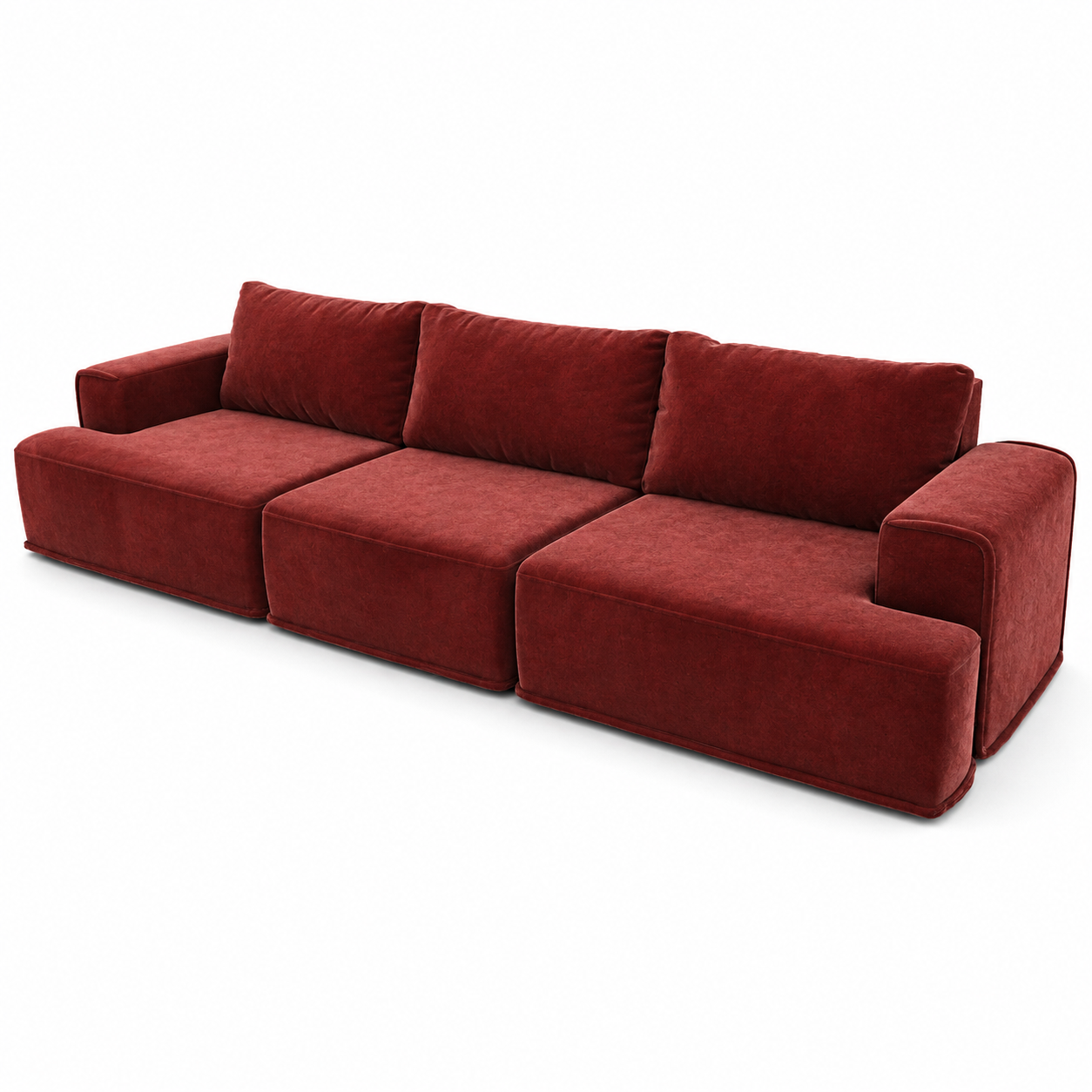 Deep Burgundy Velvet Three-Seat Sofa – Loose Back Cushions 3D Model 3