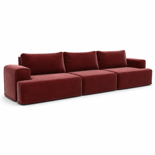 Deep Burgundy Velvet Three-Seat Sofa – Loose Back Cushions 3D Model