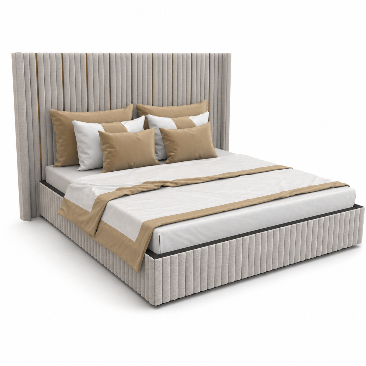 Warm Beige Vertical Channel Upholstered Bed 3D Model