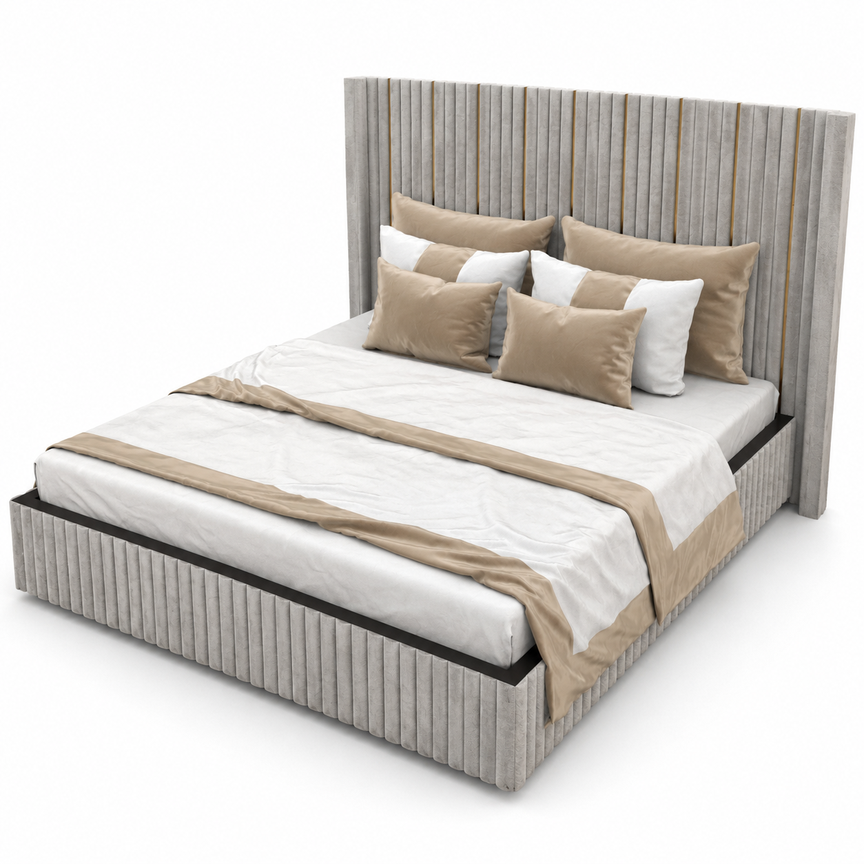 Warm Beige Vertical Channel Upholstered Bed 3D Model 3