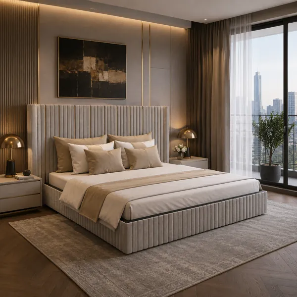 Warm Beige Vertical Channel Upholstered Bed 3D Model back