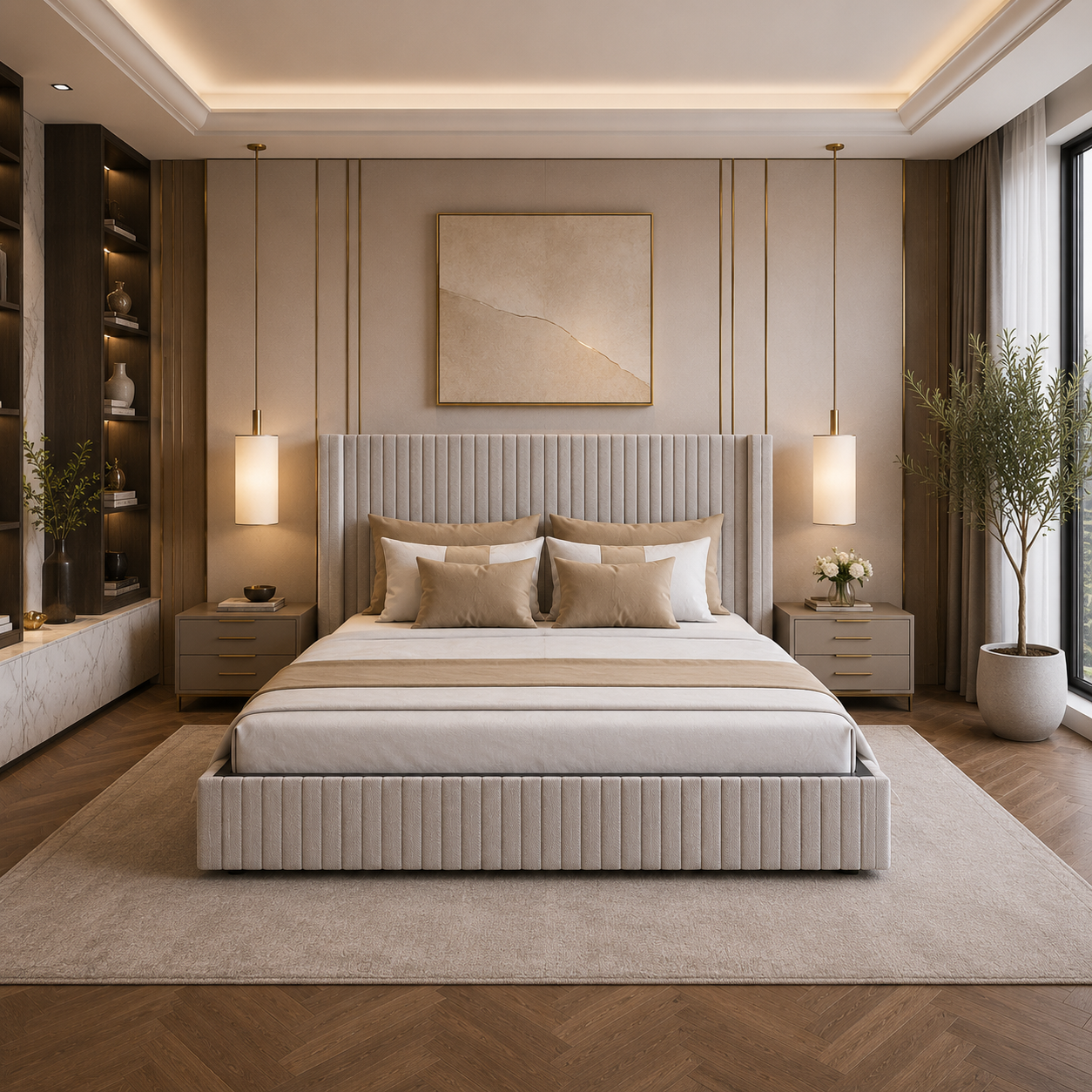 Warm Beige Vertical Channel Upholstered Bed 3D Model 4