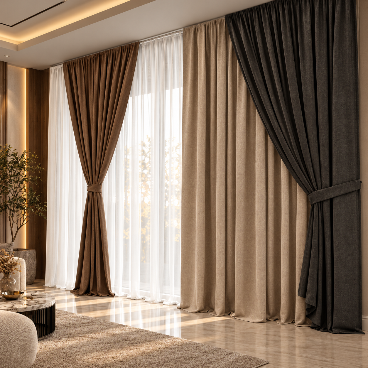 Layered Brown Black Curtain Set 3D Model 4