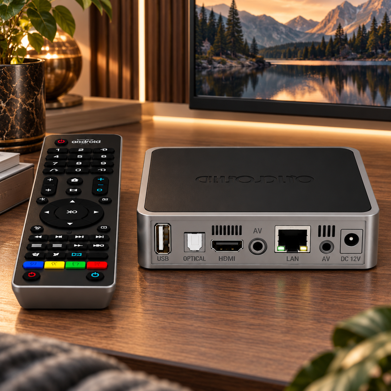 Silver Android TV Box with Remote Control 3D Model 4