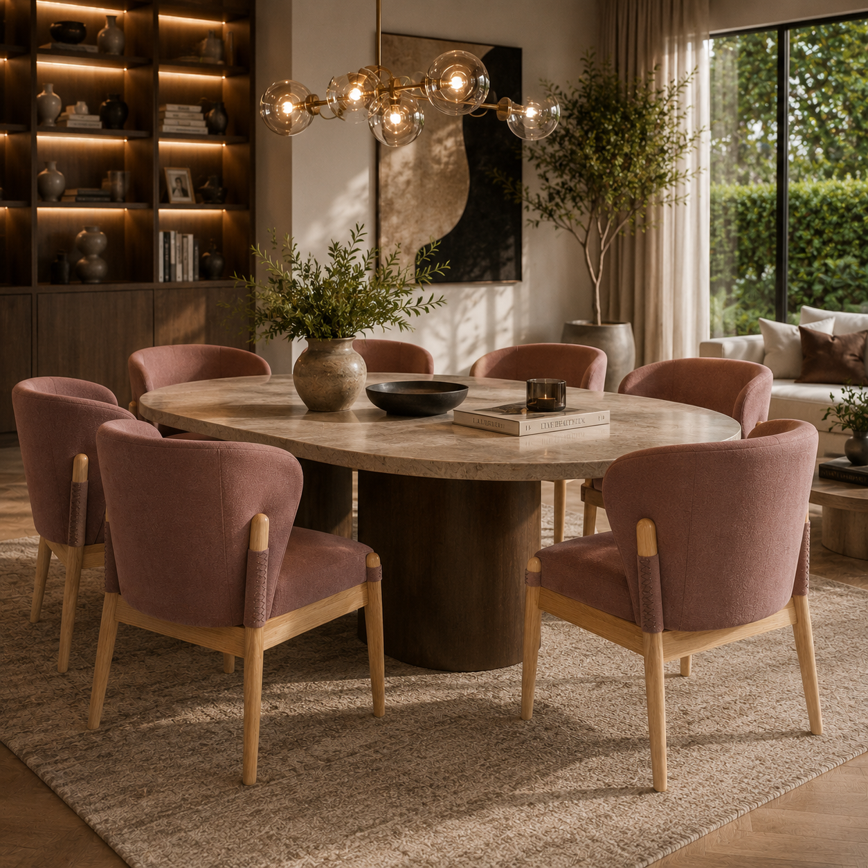 Dusty Rose Upholstered Chair with Light Wood Frame 3D Model 4
