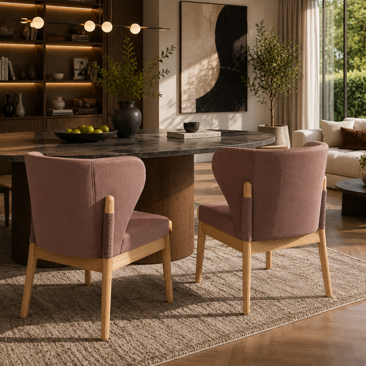 Dusty Rose Upholstered Chair with Light Wood Frame 3D Model 2