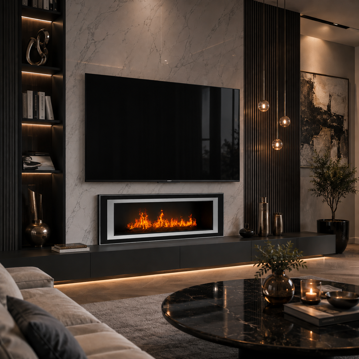 Black Linear Fireplace – Silver Inner Frame 3D Model 3