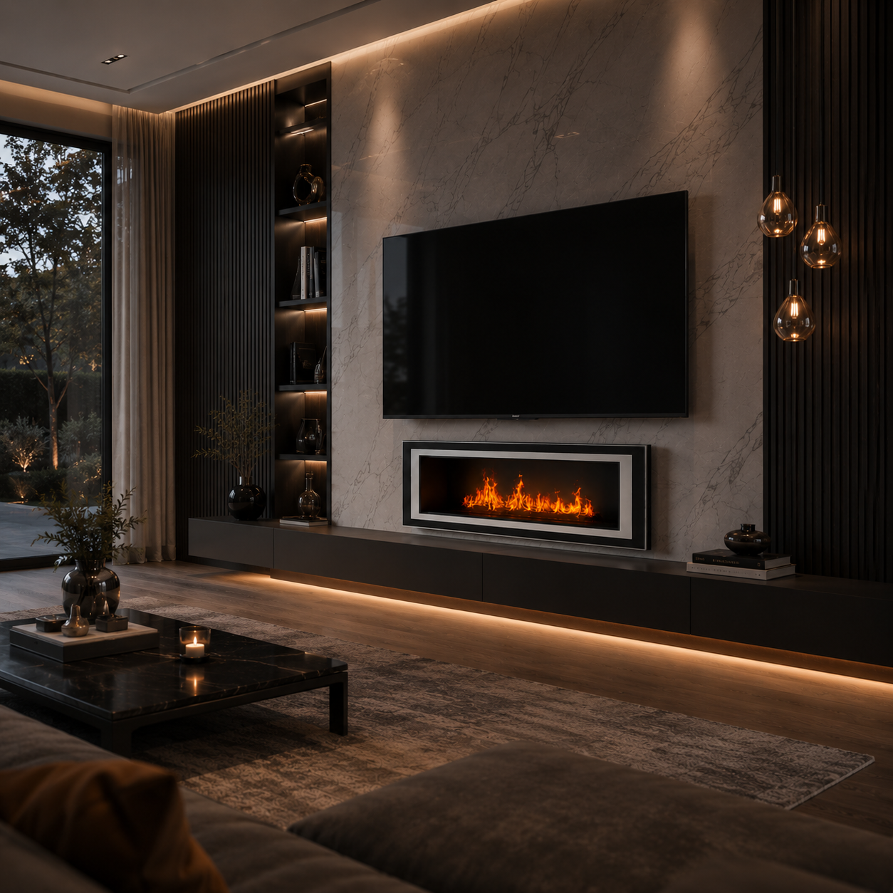 Black Linear Fireplace – Silver Inner Frame 3D Model 2