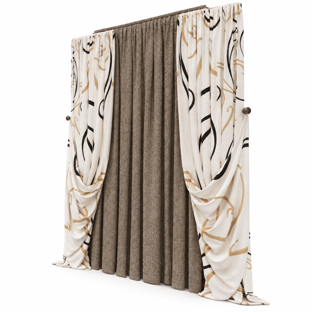 Layered Patterned Drapery Curtain Set 3D Model 3