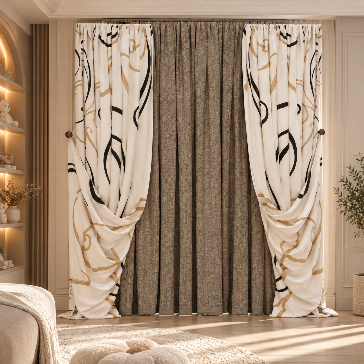 Layered Patterned Drapery Curtain Set 3D Model 2