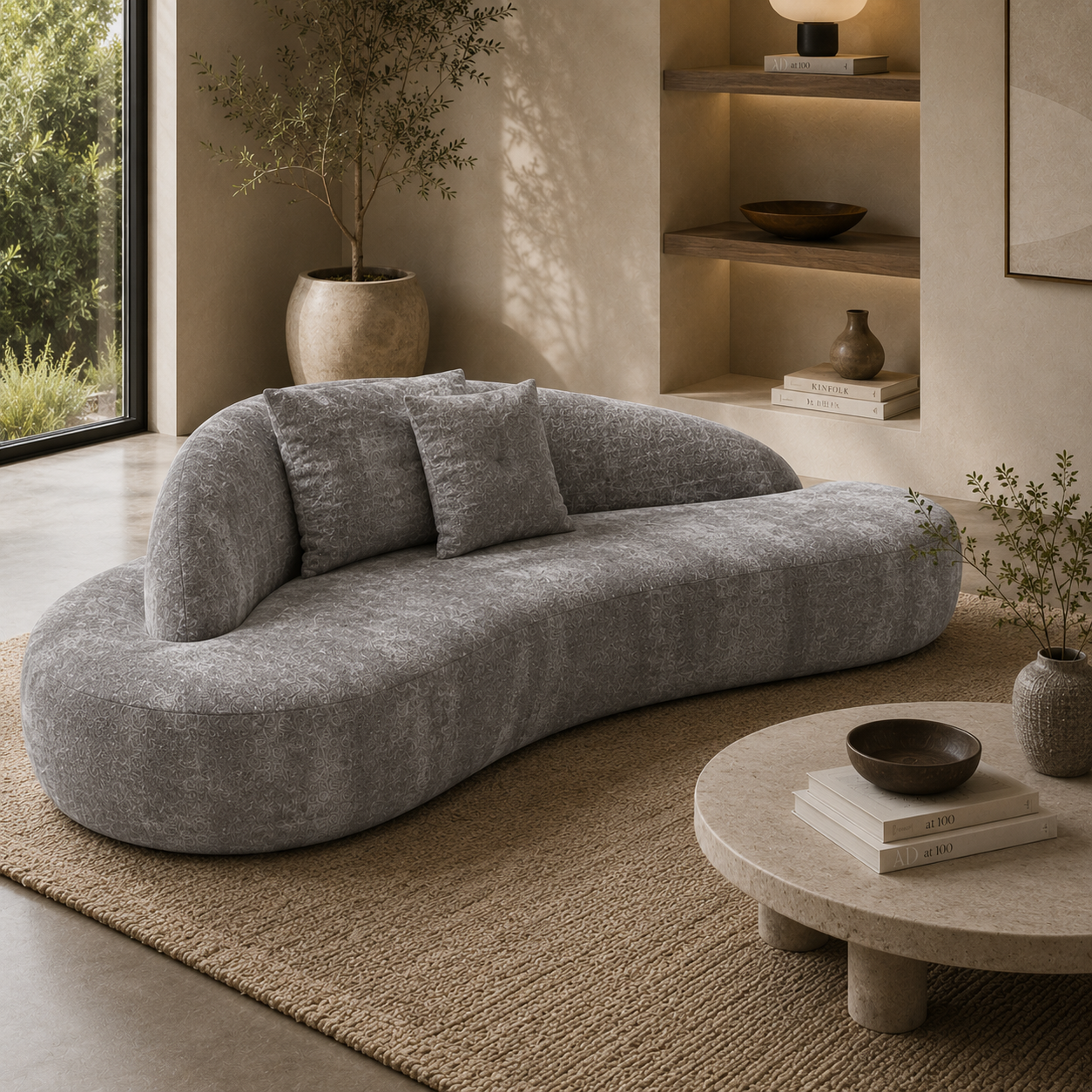 Gray Organic Curved Sofa with Textured Fabric 3D Model 4