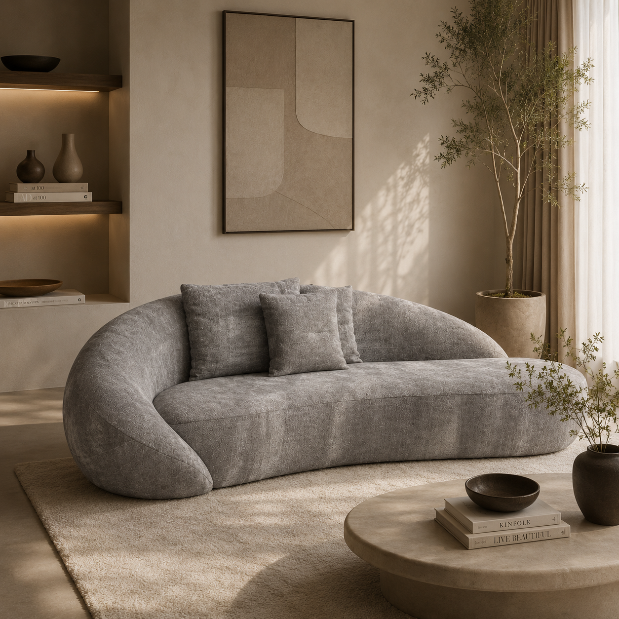 Gray Organic Curved Sofa with Textured Fabric 3D Model 2