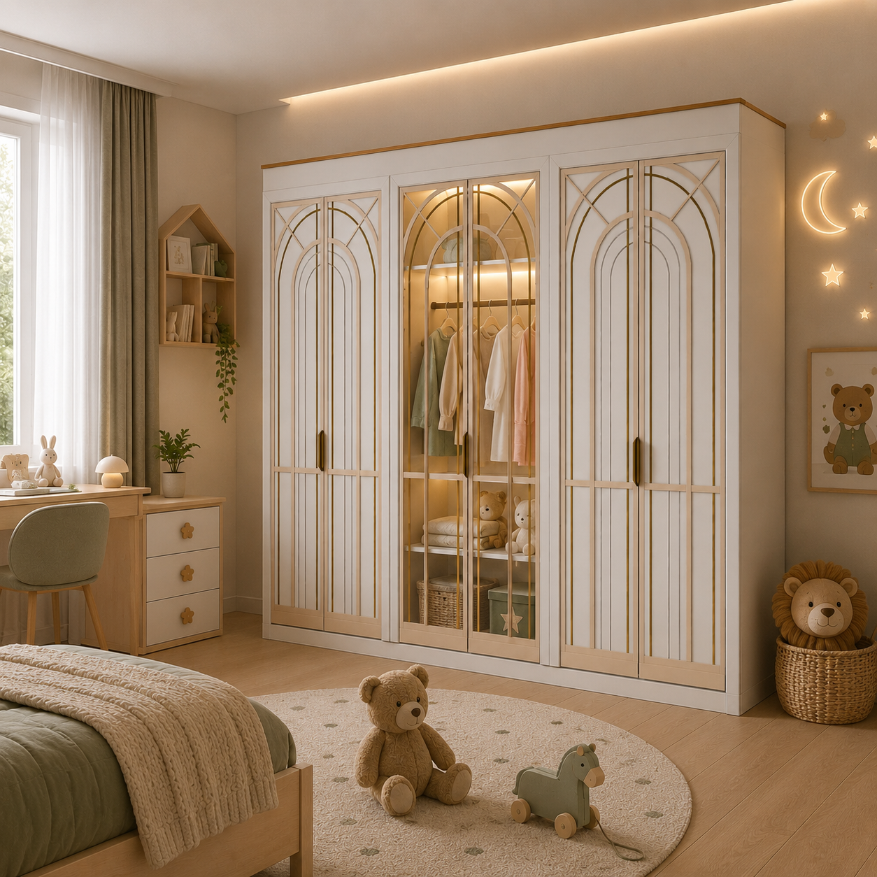 Ivory Art Deco Wardrobe – Champagne Arch Glass Doors 3D Model 2