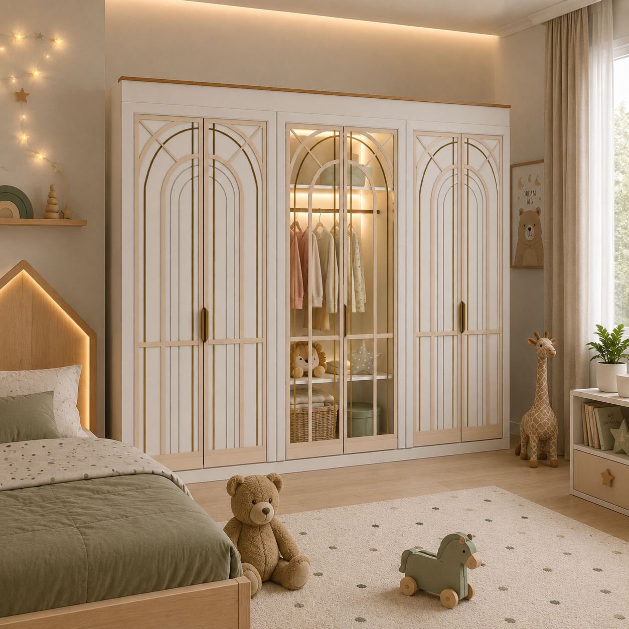 Ivory Art Deco Wardrobe – Champagne Arch Glass Doors 3D Model 3