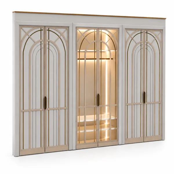 Ivory Art Deco Wardrobe – Champagne Arch Glass Doors 3D Model